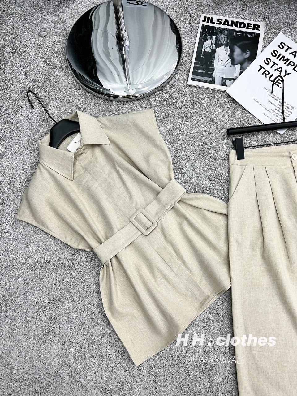 SET ĐI CHƠI, SET 2 MÓN ÁO SƠ MI NUDE PHỐI QUẦN DÀI ỐNG RỘNG KÈM ĐAI CỰC SANG CHẢNH