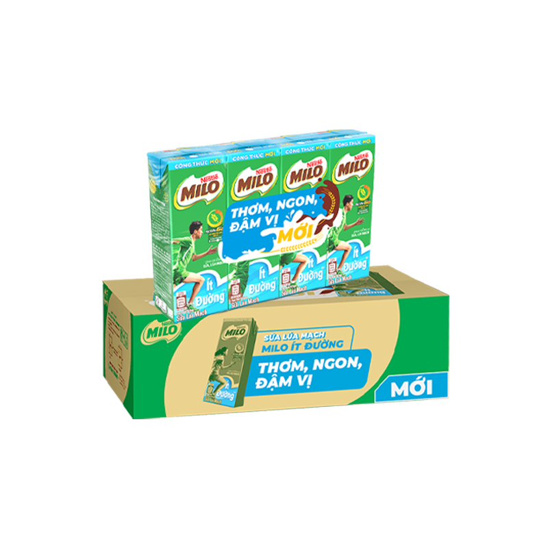 [Tặng Túi Đeo Chéo Chữ Nhật Milo] Sữa lúa mạch Nestlé MILO ít đường thùng 48 hộp x 180ml (12x4x180ml)