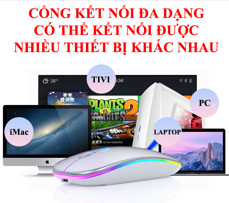 Chuột Không Dây YINDIAO A2 kết nối BLUETOOTH và chip USB 2.4GHz có đèn led 7 màu với nút nhấn không ồn - Hàng Chính Hãng