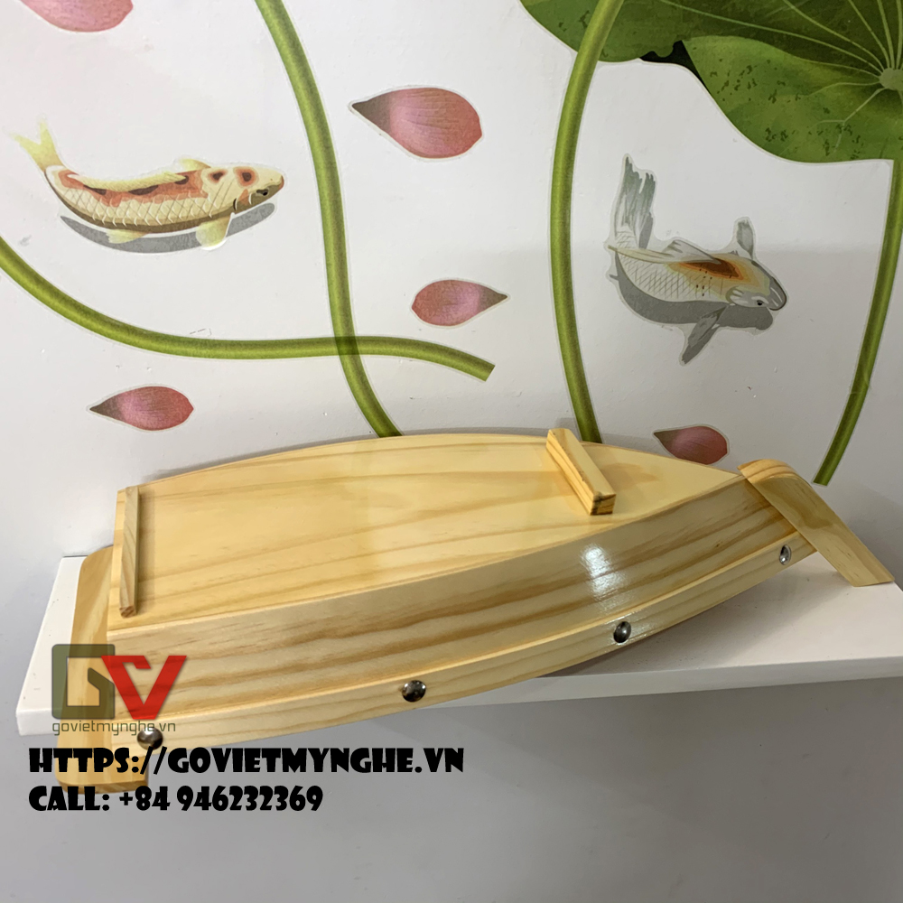 [Hàng chuẩn Nhật - Dài 48cm] Khay gỗ đựng sushi sashimi - khay thuyền gỗ để setup lẩu - Gỗ thông tự nhiên