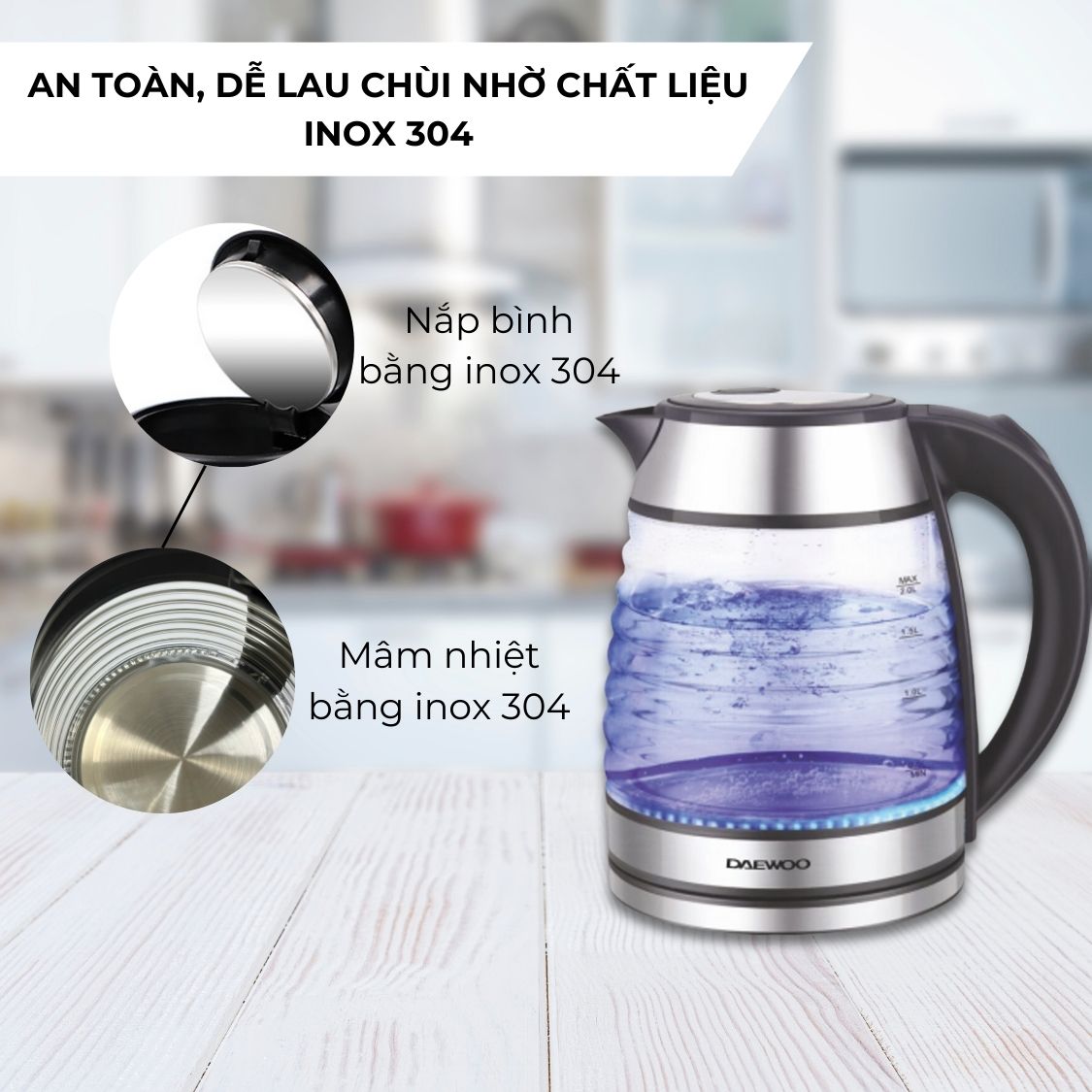 Ấm siêu tốc thủy tinh 1.7L Daewoo DWK-GL1803 thiết kế vỏ sò đèn LED độc đáo - Hàng chính hãng