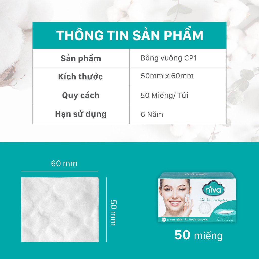 Bông Tẩy Trang Vuông NIVA Cotton Pads Cao Cấp Cp1 Hộp 50 Miếng Bông Tự Nhiên Mềm Mại An Toàn Với Da Nhạy Cảm