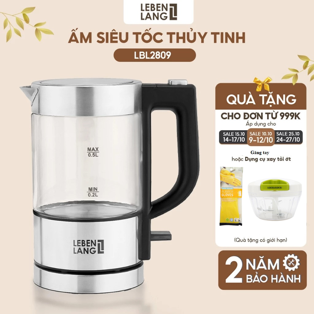 Ấm Siêu Tốc Thuỷ Tinh Cao Cấp Mini Lebenlang 500ml LBL2809 Siêu Đẹp, Đun Siêu Nhanh - Hàng Chính Hãng