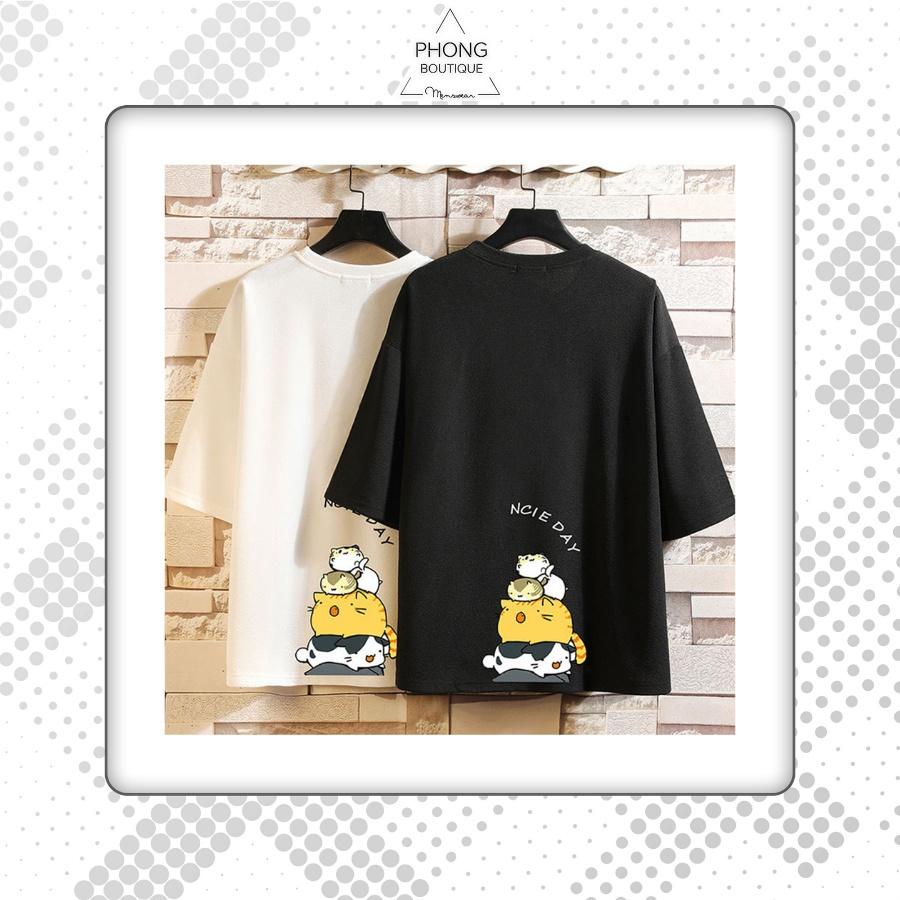Áo thun Unisex Phong Boutique MÈO NICE DAY phông tay lỡ nam nữ form rộng Oversize 2 màu