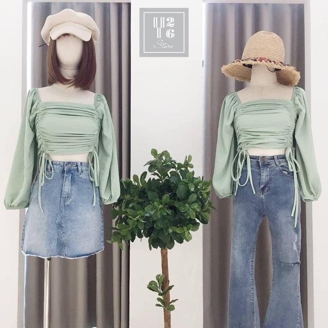 Áo rút dây đũi croptop bánh bèo