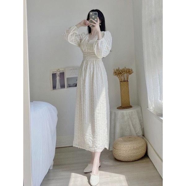 ĐẦM MIDI VOAN NỔI CỔ V ĐÍNH HẠT TAY DÀI 12925