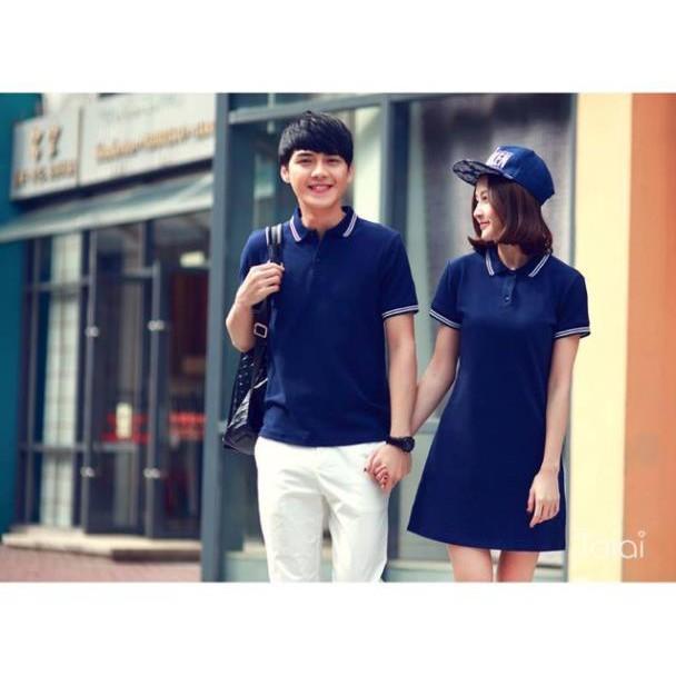 Áo đôi: Áo đầm form suông + Áo thun polo nam