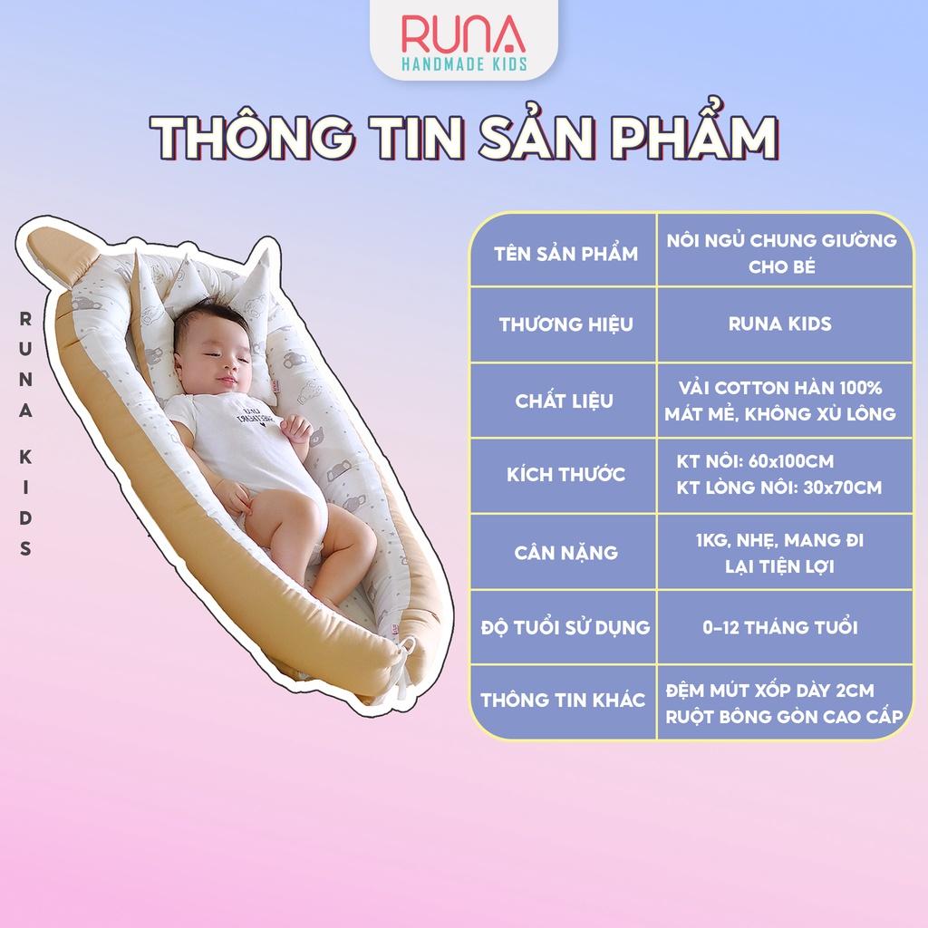 Đệm ngủ cho bé Nôi ngủ chung giường cho bé sơ sinh Runa Kids vải Cotton Hàn thoáng mát giúp bé ngủ ngon chống giật mình