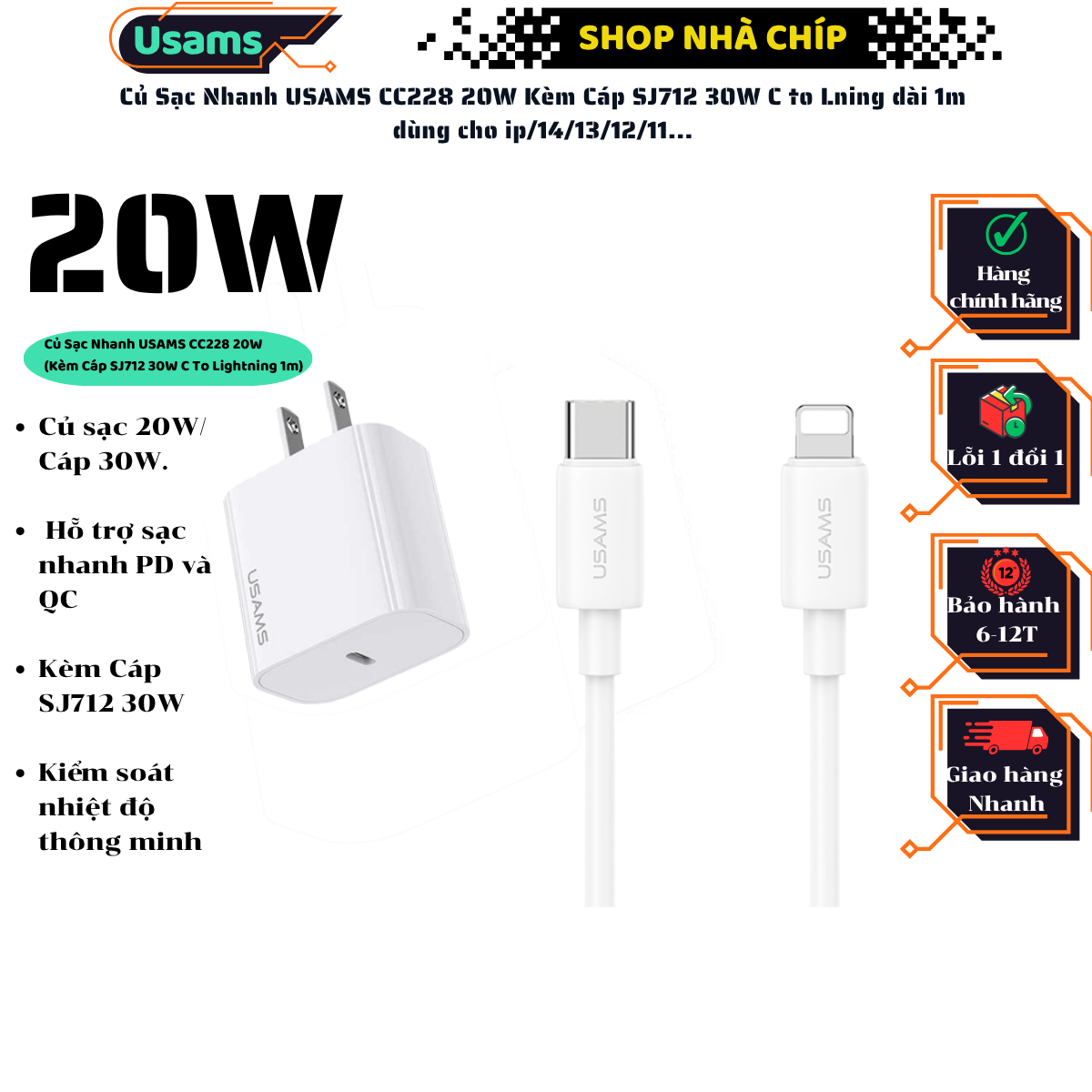 Củ Sạc Nhanh USAMS CC228 20W Kèm Cáp SJ712 30W C to Lning dài 1m dùng cho ip/14/13/12/11... Hàng chính hãng