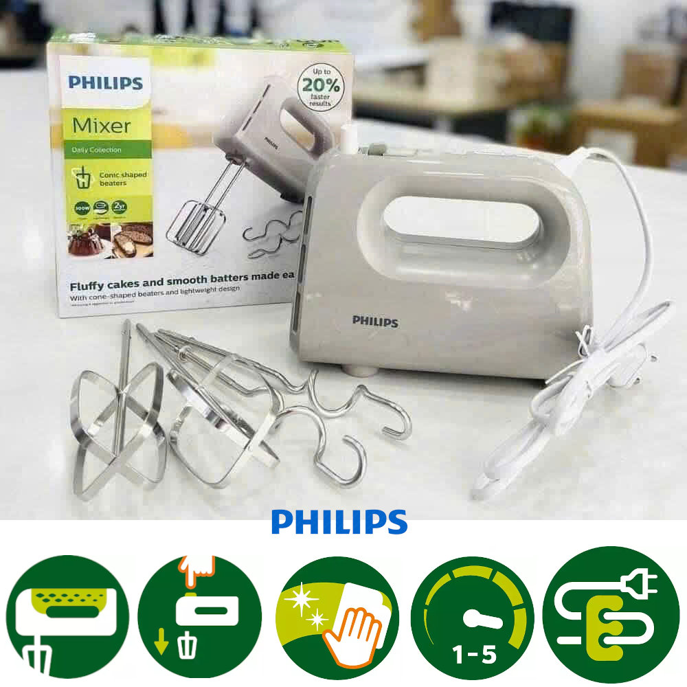 Máy đánh trứng cầm tay Philips HR3705/20 công suất 300W, bảo hành 2 năm - Hàng chính hãng