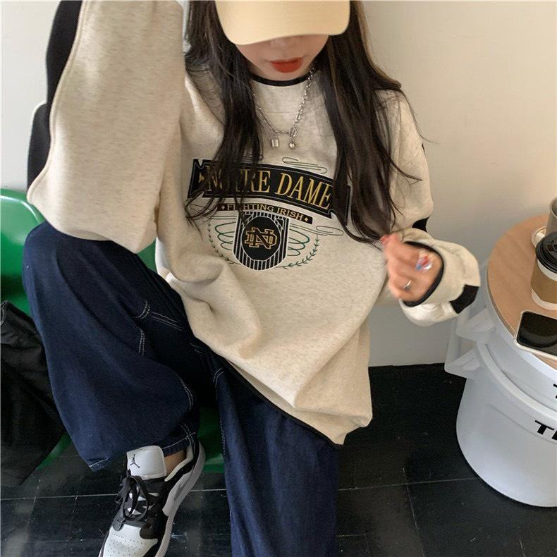Áo Sweater thêu DAME Unisex form rộng chất nỉ bông cao cấp mềm mịn hai màu xám trắng phong cách Retro - gin store