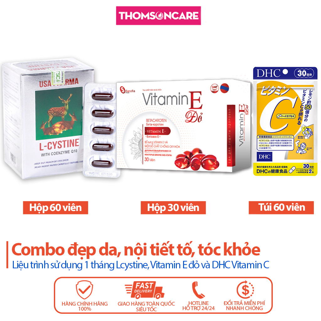 Combo giúp da trắng sáng, bổ sung nội tiết tố Lcystine 60v, Vitamin E đỏ vỉ Sanofia 30v, DHC Vitamin C 60v Thomsoncare
