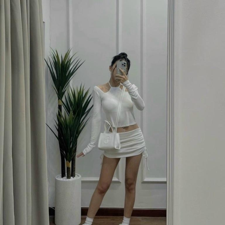 Áo trễ vai tay dài dây yếm hở vai - trễ vai croptop dây yếm thun gân BARE - AO056