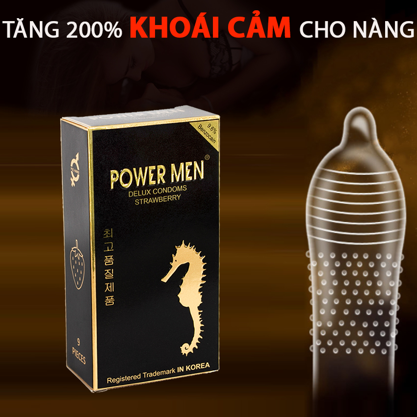 Bao cao su gân gai, hương dâu POWERMEN STRAWBERRY chống xuất tinh sớm hộp 9 chiếc