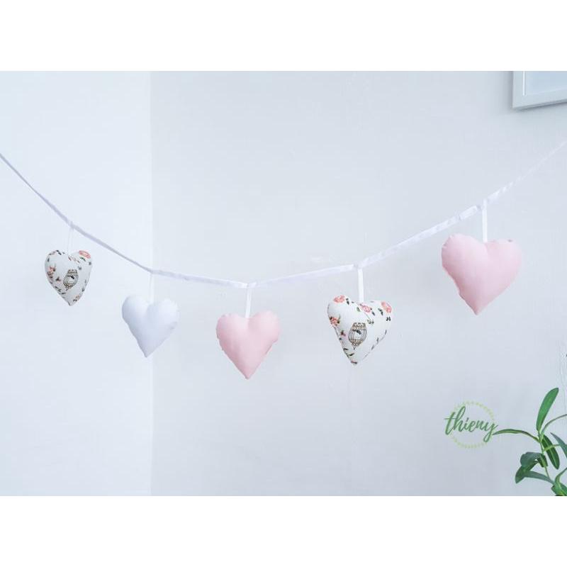 Dây trái tim vải cotton kaki xịn, may đẹp - trang trí, Decor, Sinh nhật, màu trắng hoa hồng