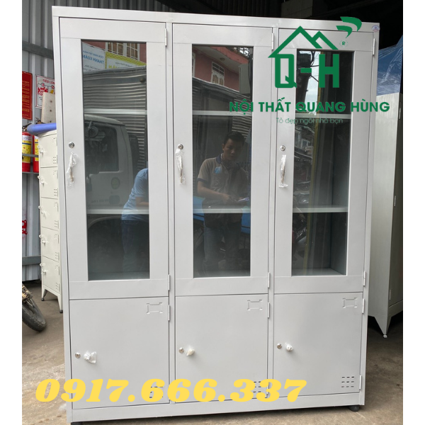 TỦ HỒ SƠ 3 CÁNH CỬA KÍNH SƠN TĨNH ĐIỆN 1M8X1M2X45CM MÀU XÁM GHI DÀNH CHO VĂN PHÒNG