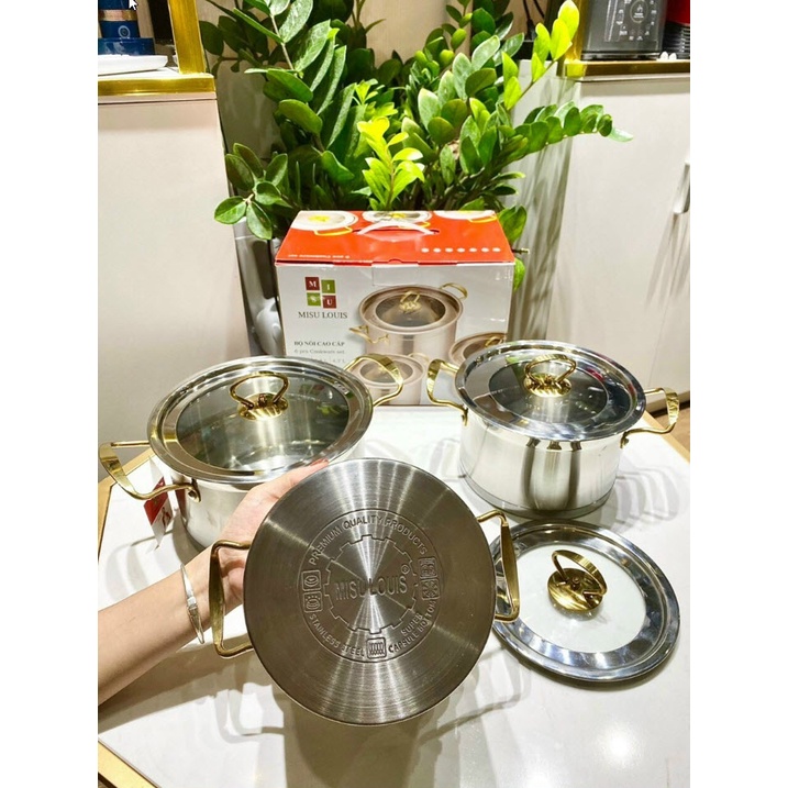 Bộ 3 Nồi Misu Louis Inox 304 Sang trọng, Cao Cấp - Bộ Nồi Inox đáy 3 Lớp Nguyên Khối Sử Dụng Cho Mọi Loại Bếp