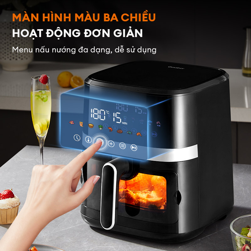 Nồi chiên không dầu cảm ứng 6.5L cửa kính Gaabor AF65T-BK01A công suất 1500W trong suốt có đèn, màn hình cảm ứng - Hàng chính hãng