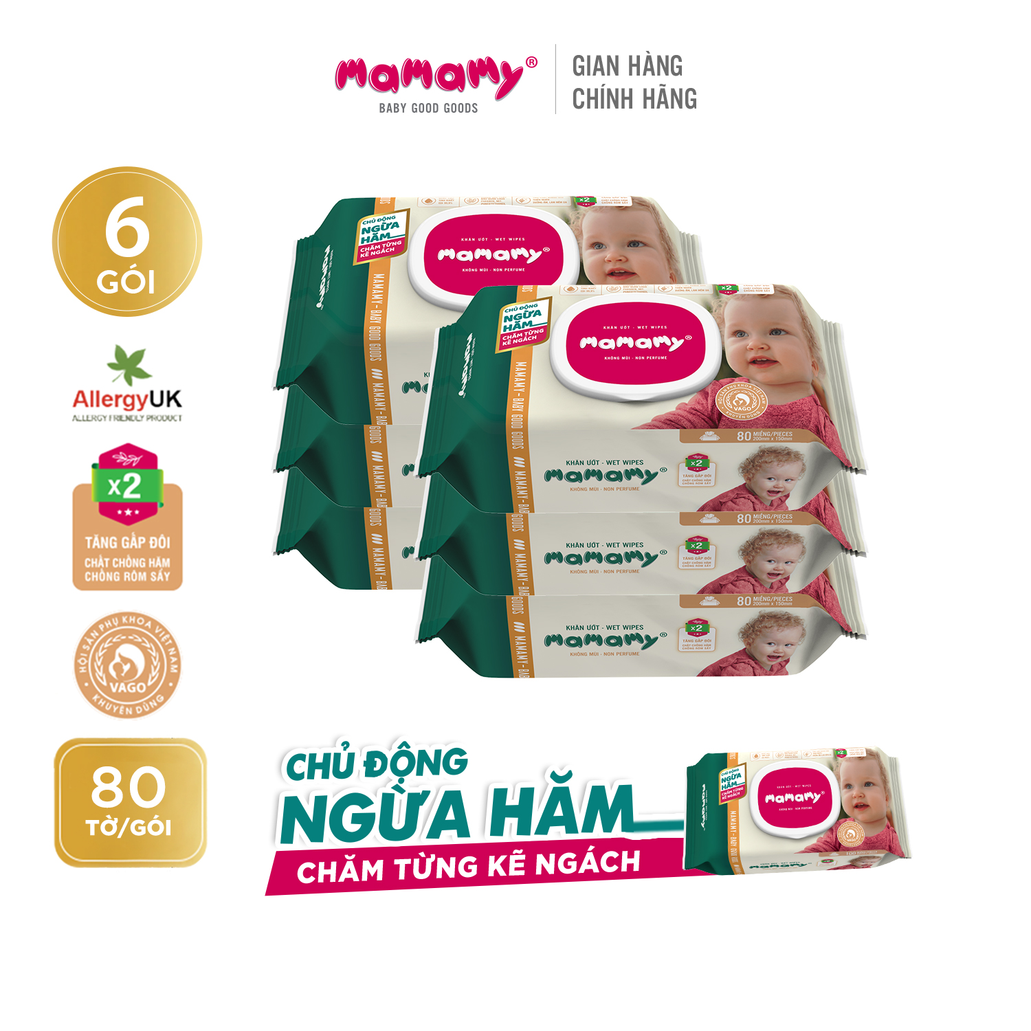 Combo 6 gói khăn ướt Mamamay 80 tờ/gói kháng khuẩn, an toàn cho bé