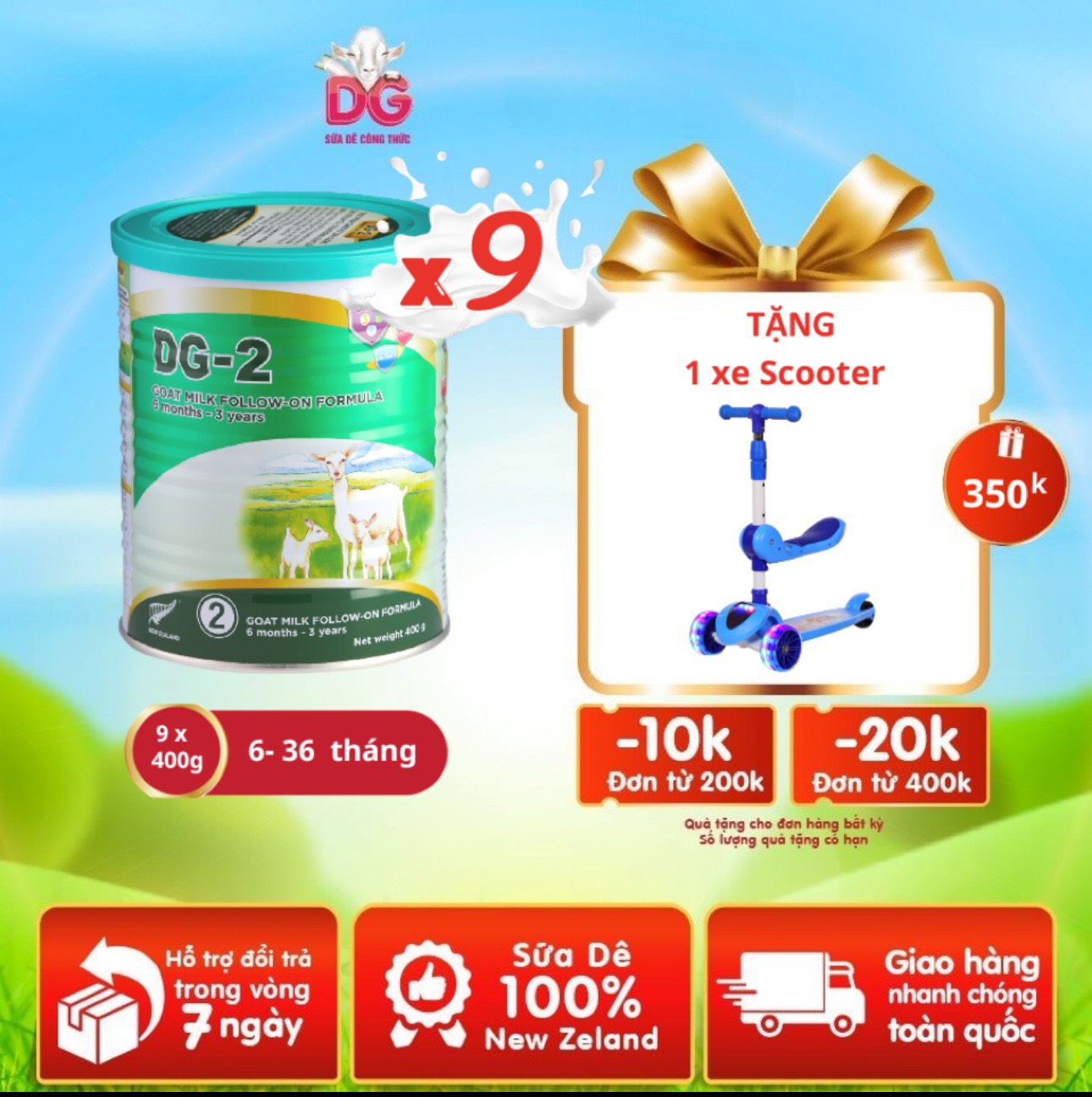 Combo 8 lon sữa Dê DG-2 400gr Tặng 1 xe trượt Scooter [Quà tặng số lượng có hạn sẽ chuyển thành quà khác tương đương]