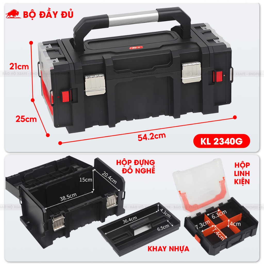 Hộp đựng đồ nghề 3IN1 Bison kích thước 21inch, nhựa PP nguyên sinh chống va đập, 2 hộp nhỏ đựng linh kiện bên hông