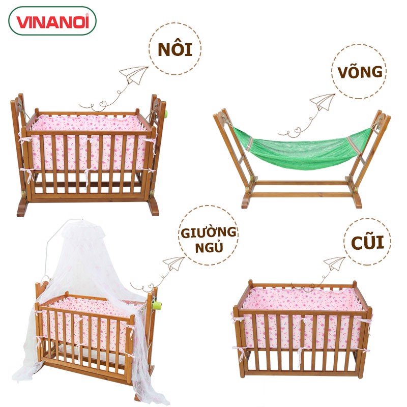 Nôi Em Bé Tự Động VINANOI-VNN301M Gỗ Thông Cao Cấp Vừa Làm Nôi Vừa Làm Võng Màu Cánh Gián