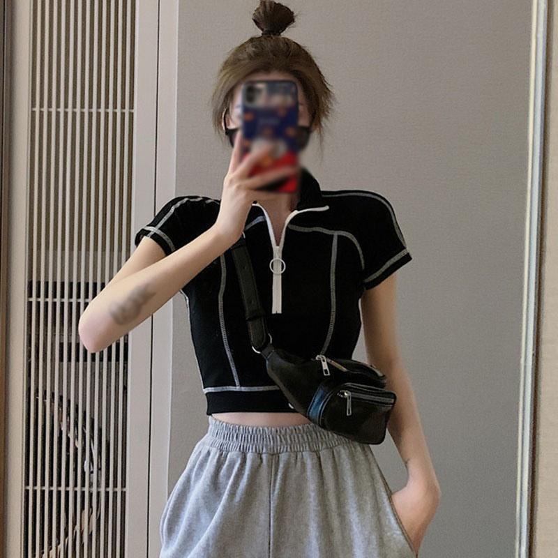 Áo Thun Dệt Kim Tay Ngắn Phối Khóa Kéo Cá Tính Dành Cho Nữ