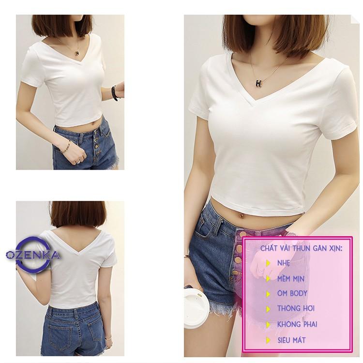 Áo croptop cổ chữ v dáng ôm , áo kiểu crt tay ngắn sexy nữ đen trắng vải thun gân 100% cotton CRTV 258