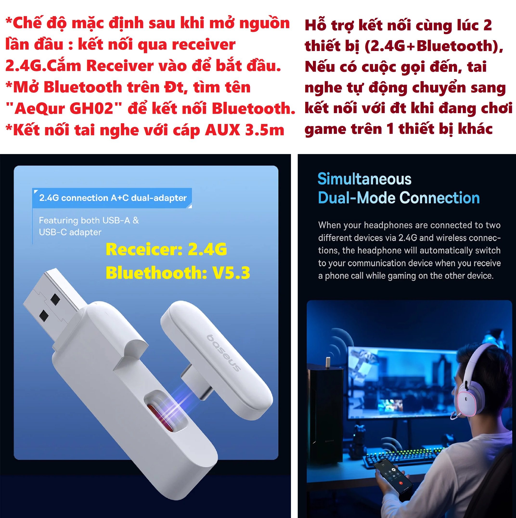 Tai nghe Bluetooth chụp tai gaming cao cấp có Receiver kết nối PC App điều chỉnh Baseus AeQur GH02 _ hàng chính hãng