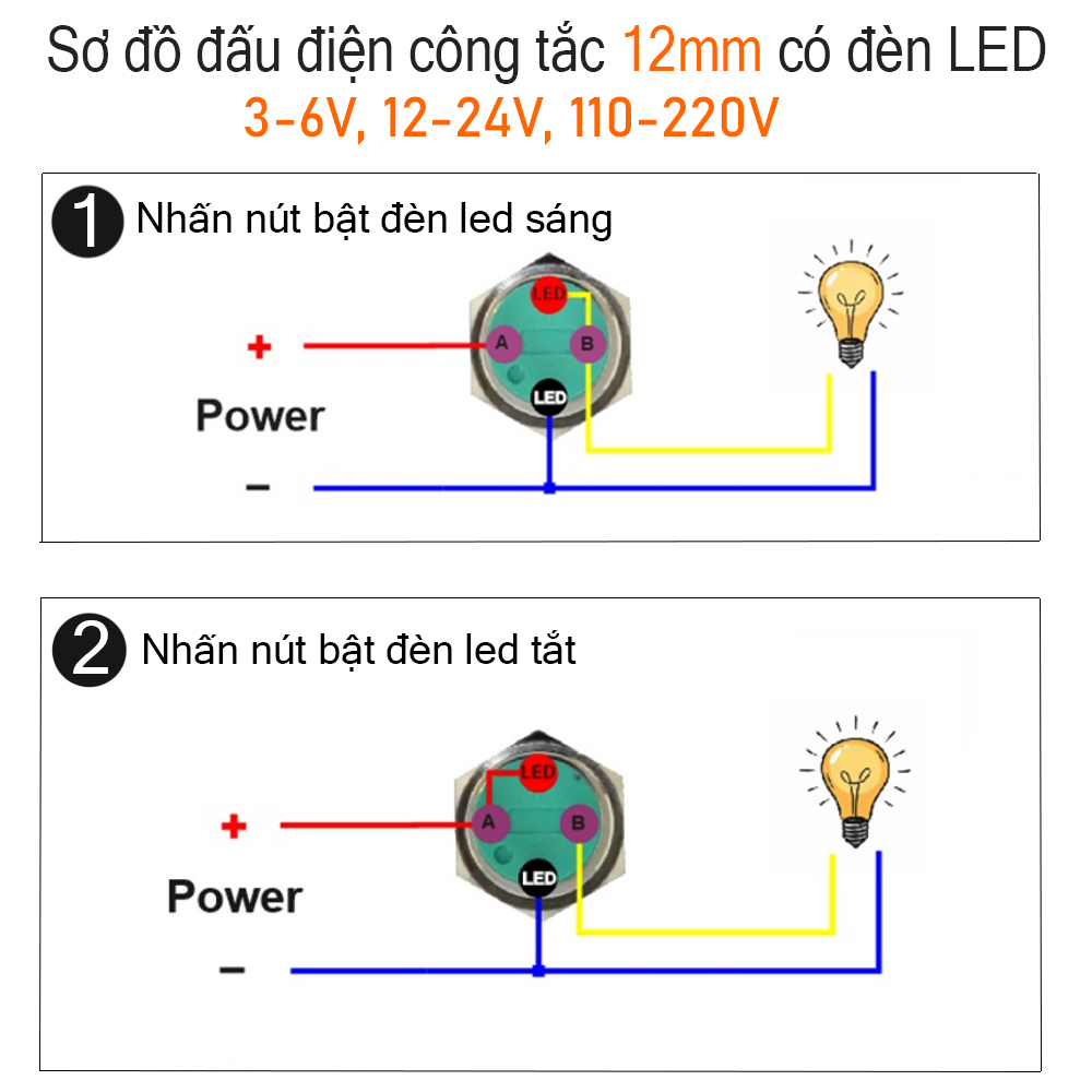 Nút nhấn Reset, Công tắc nhấn tự nhả 12mm (12-24V 110-220V) Có đèn LED, Vỏ INOX chống thấm nước