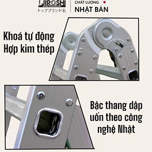 Thang nhôm gấp 4 đoạn Jiroshi 3 4 5 6 bậc, thang gấp 4 khúc chữ m khóa tự động hợp kim nhôm Nhật Bản