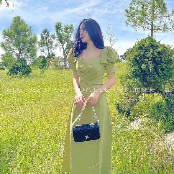 Đầm váy nữ dự tiệc dạo phố cổ vuông tay bồng đen xanh bơ đơn giản năng động