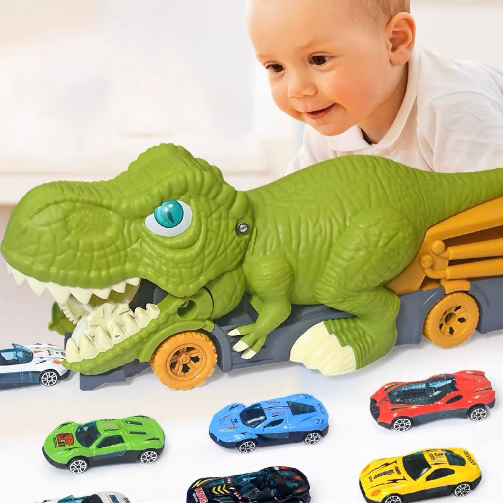 Đồ chơi cho trẻ em tìm hiểu thế giới xung quanh - Trọn bộ đồ chơi khủng long nuốt ô tô (Kèm 6 ô tô con nhiều màu sắc)