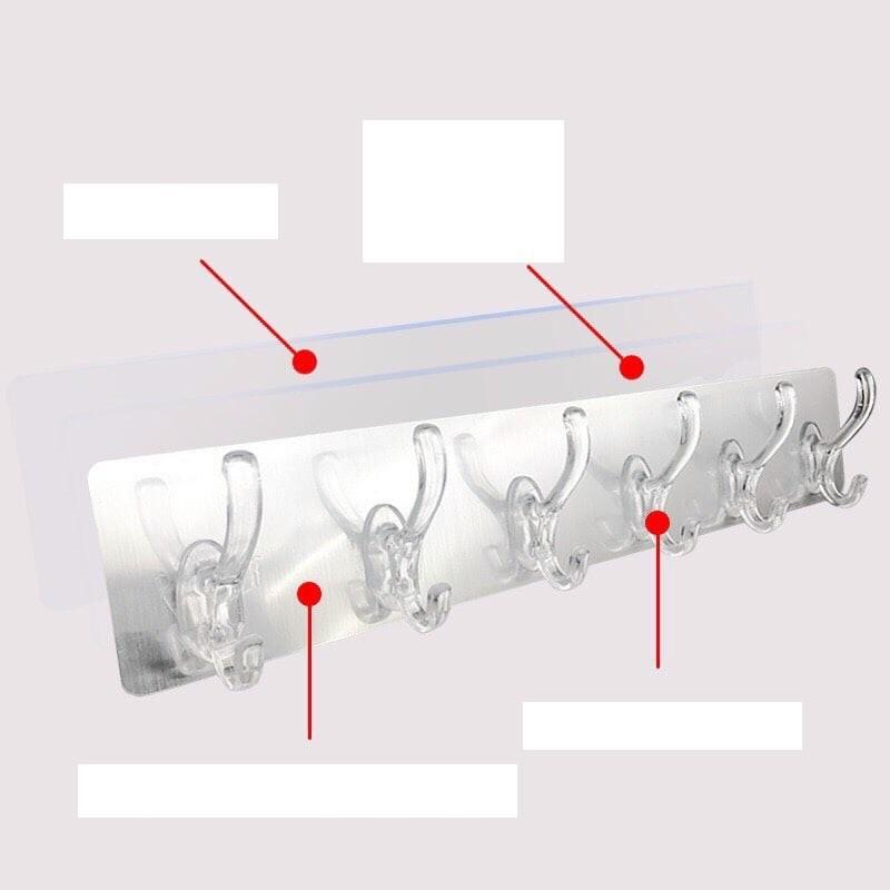 Móc treo đồ dán tường 6 móc liền mạch , trong suốt siêu chắc chắn