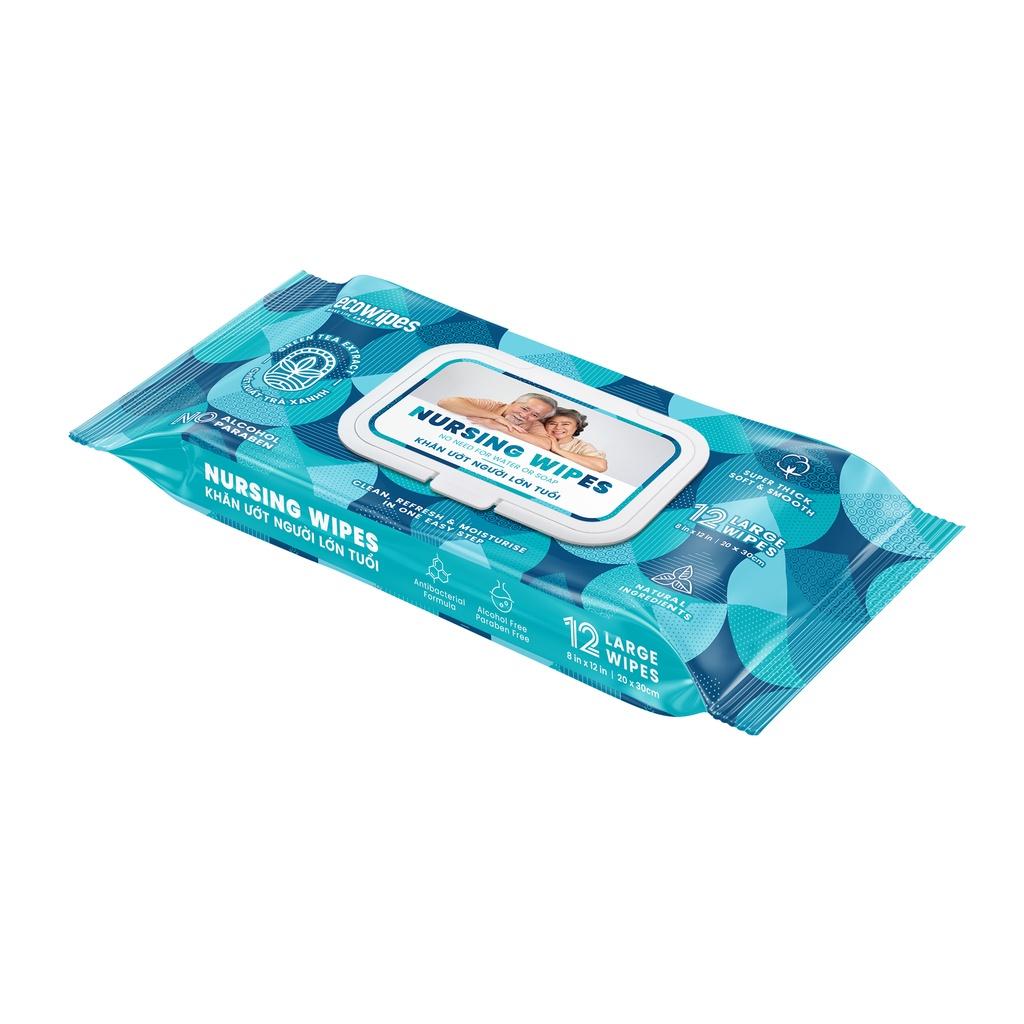 Combo 05 gói khăn giấy ướt vệ sinh NursingWipes gói 12 khăn size lớn 30x20cm lau người lớn tuổi, người bệnh dùng 1 lần