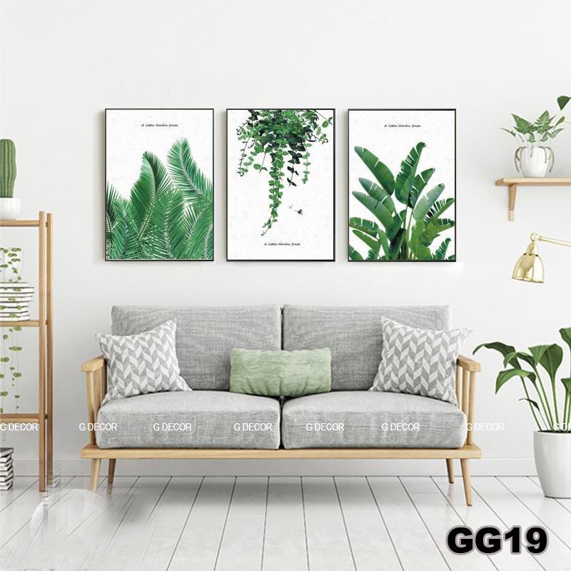 Tranh treo tường canvas 3 bức phong cách hiện đại Bắc Âu 203, tranh hoa lá trang trí phòng khách, phòng ngủ, spa, decor