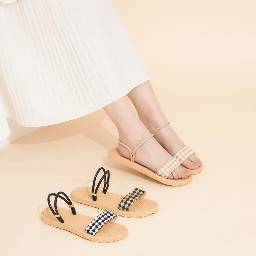 Giày Nữ MWC 2961 - Giày Sandal Quai Ngang Vải Caro Đế Bằng Thời Trang