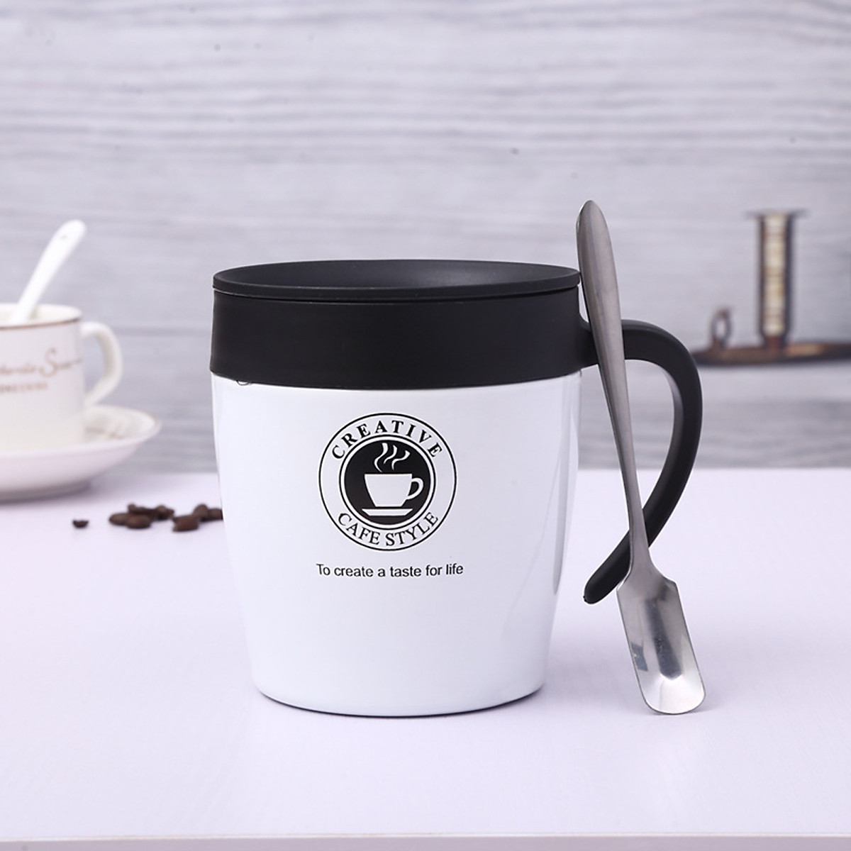 Cốc Cafe Giữ Nhiệt 330Ml Chất Liệu Inox 304 Nhỏ Gọn Có Tay Cầm Sang Trọng Kèm Thìa - Màu Trắng