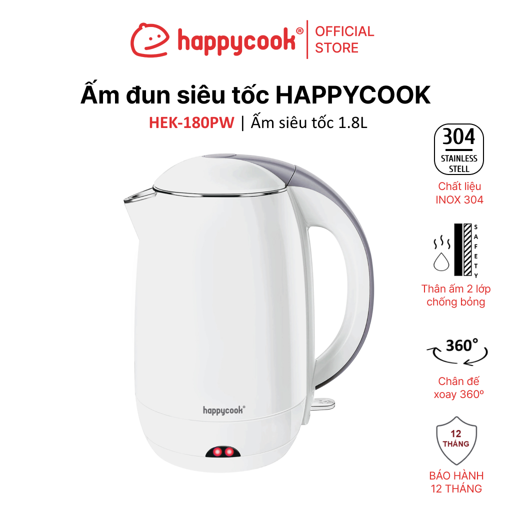 Ấm siêu tốc Happy Cook 1.8L HEK-180PW - Hàng Chính Hãng