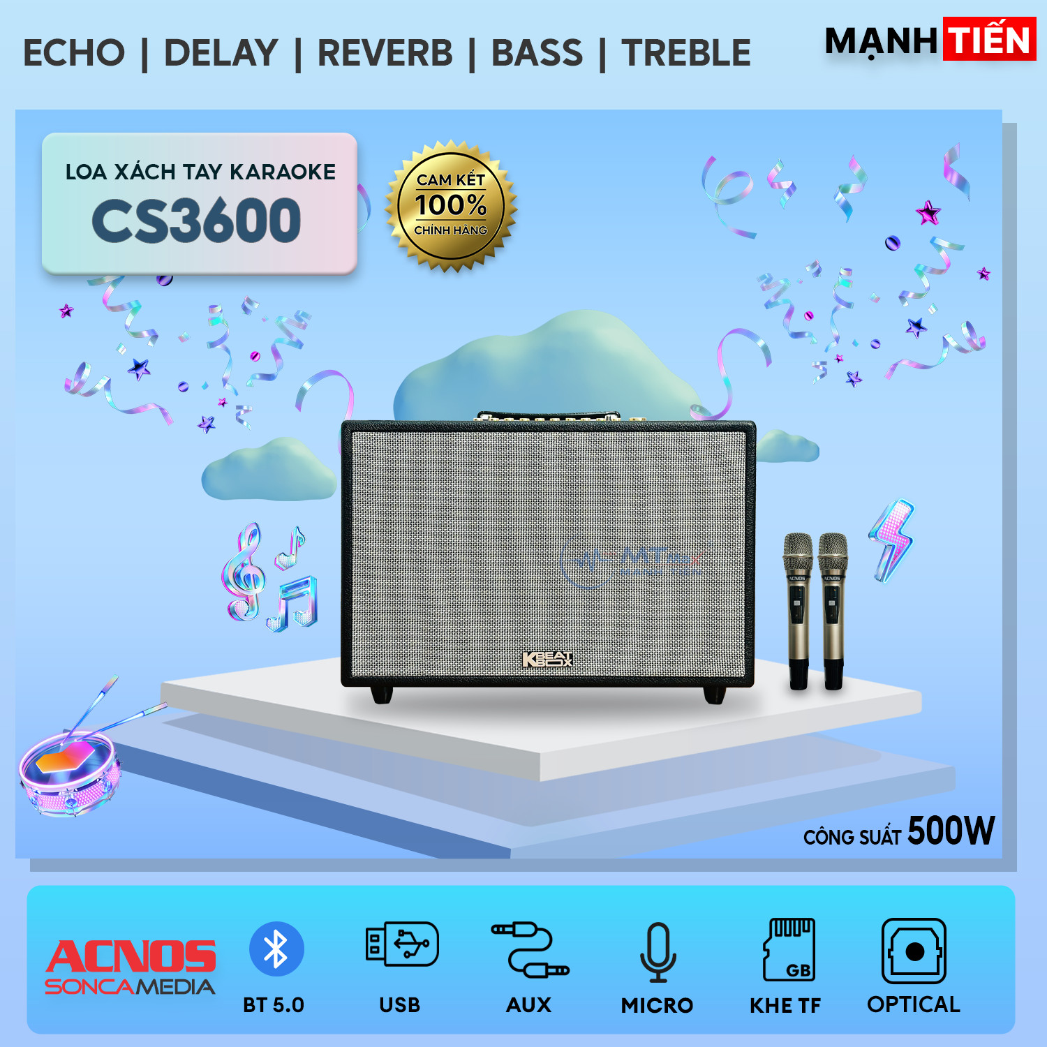 Loa Xách Tay ACNOS CS3600 - Loa Karaoke Chính Hãng 3 Đường Tiếng, Công Suất Lớn 500W, Âm Thanh Cao Cấp Chuyên Nghiệp, Nâng Tiếng, Chống Hú Siêu Cấp, Đi Kèm 2 Micro Karaoke hàng chính hãng