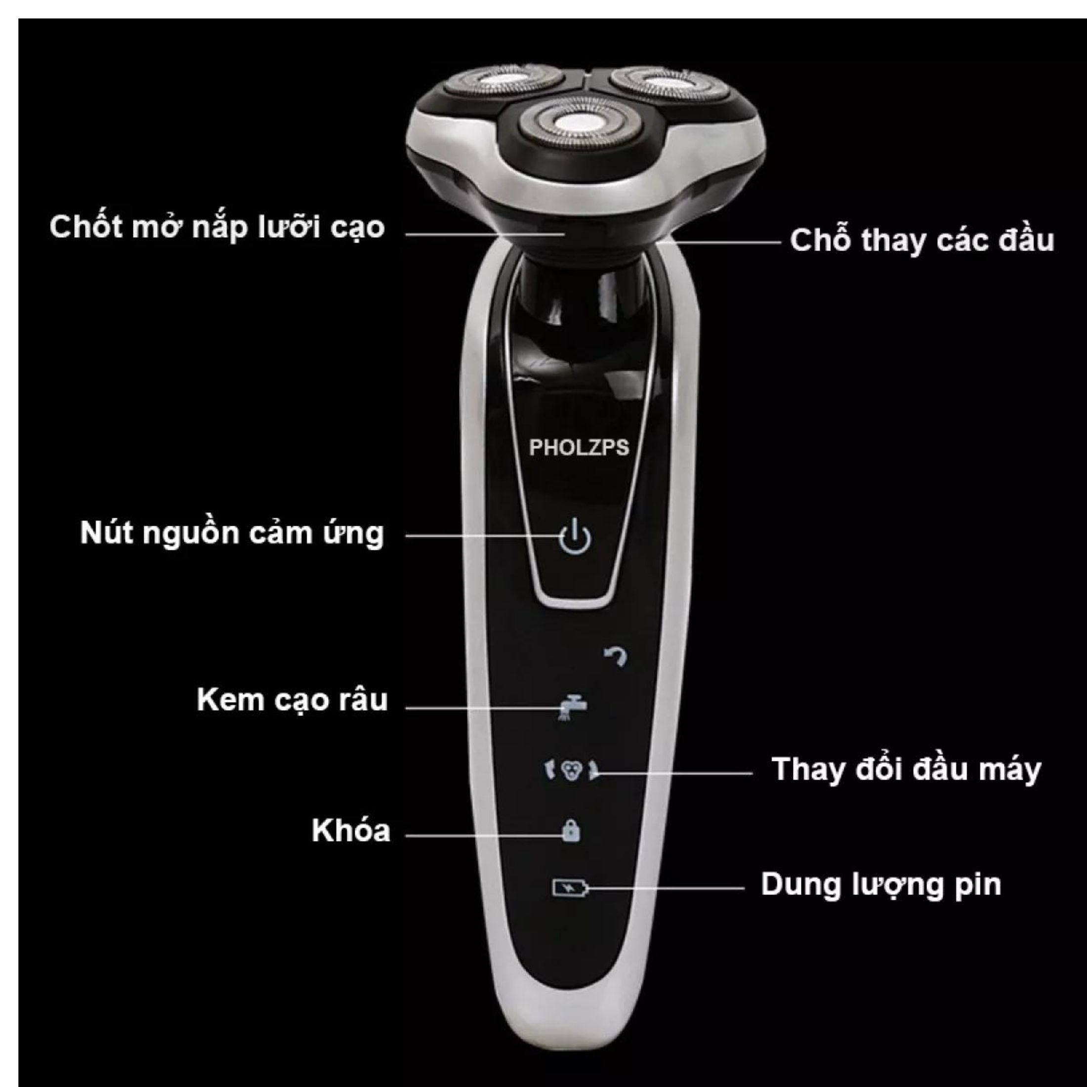 Máy cạo râu đa năng 4 in 1 PHOLZPS thế hệ mới - Máy cạo râu nam cao cấp kèm 4 đầu chức năng cạo râu, cắt tỉa lông mũi, cạo tóc mai, rửa mặt - Máy cạo râu cầm tay 3 lưỡi tháo lắp, vệ sinh dễ dàng