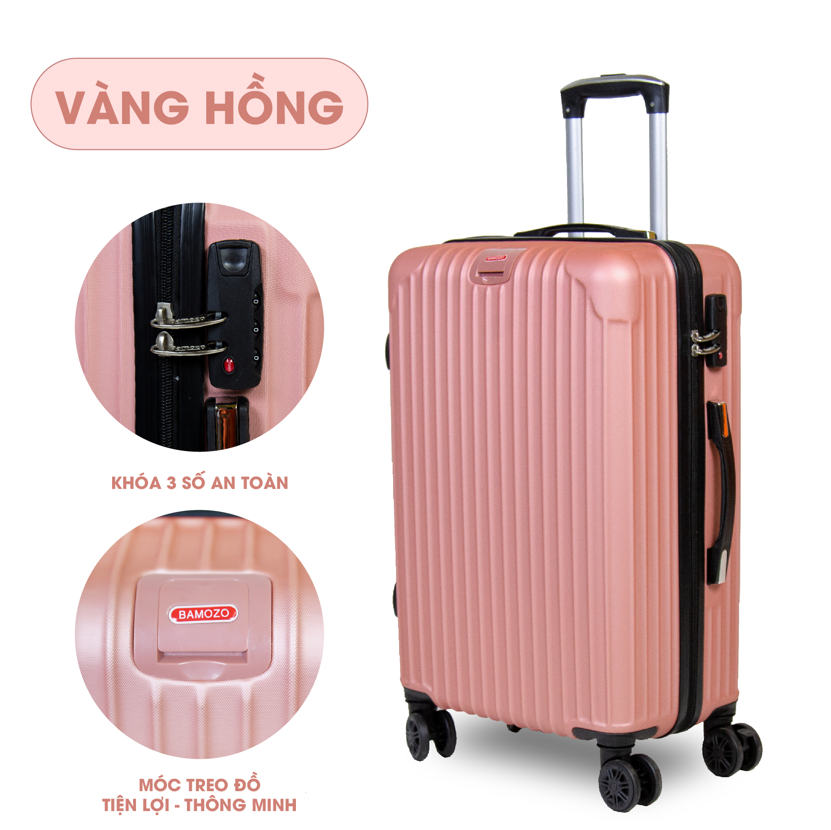 Vali du lịch BAMOZO 8801 MÀU VÀNG HỒNG size 20/24,  vali kéo nhựa được bảo hành 5 năm