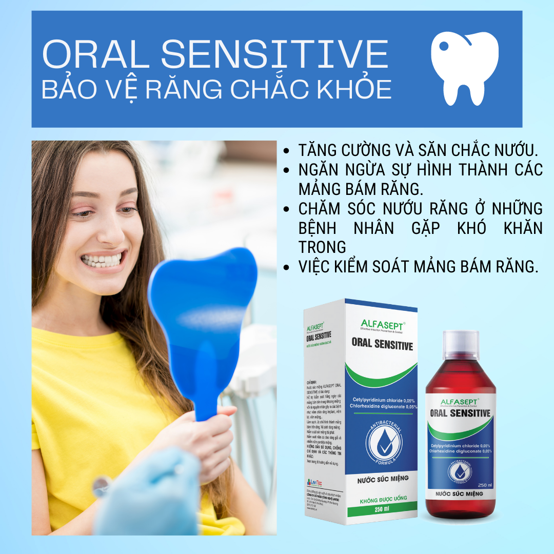 Nước súc miệng ALFASEPT ORAL SENSITIVE 250ml 0.05% CHG - Bảo vệ răng trắng tự nhiên