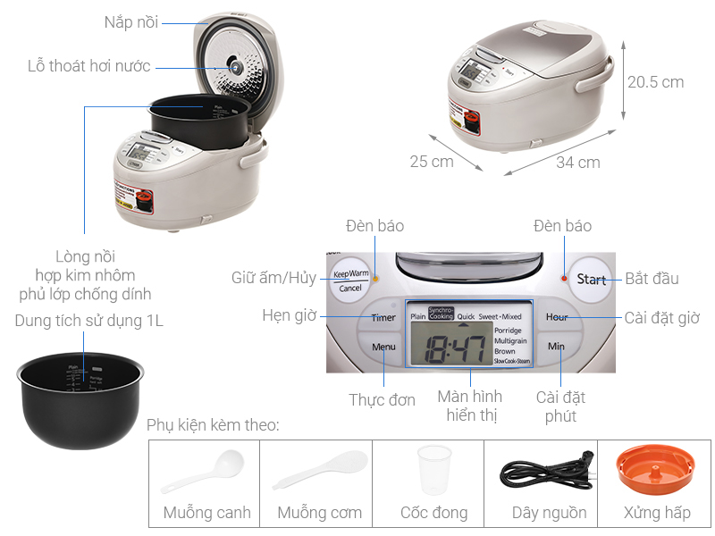 Nồi Cơm Điện Tử Tiger JAX-S10W - 1L - Hàng Chính Hãng