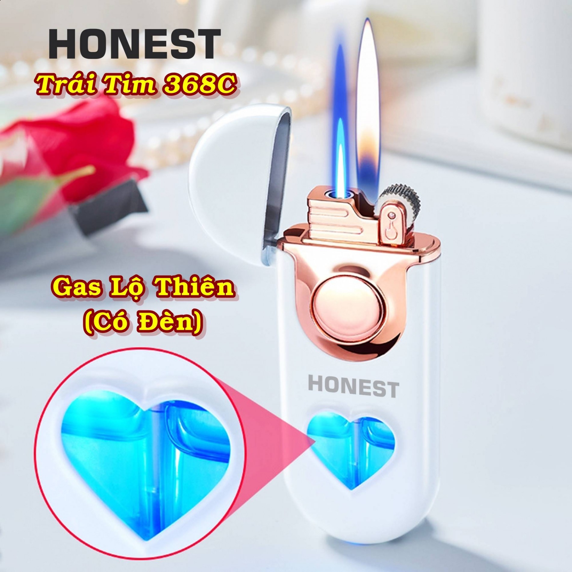 Hột quẹt bật lửa Honest 2 chế độ lửa có đèn hình trái tim phát sáng dạ quang - xài gas