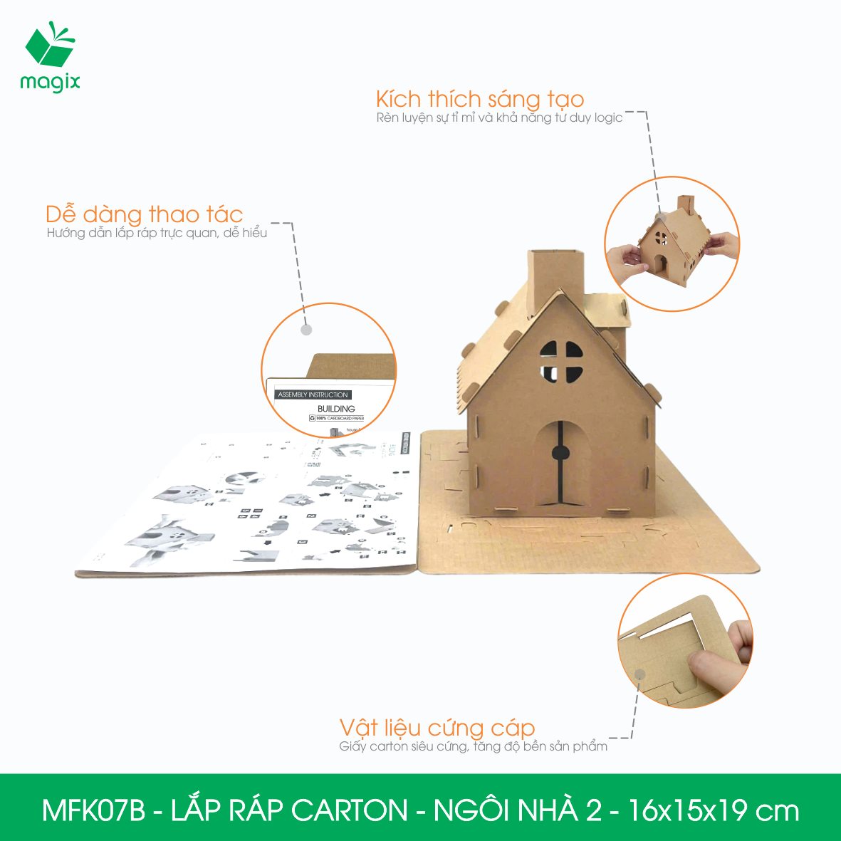 MFK07B - 16x15x19 cm - Mô hình ngôi nhà lắp ráp từ bìa carton cao cấp, nhà giấy carton mini sáng tạo