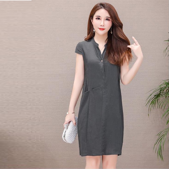 Đầm suông linen cổ bổ trụ, thời trang phong cách Hàn Quốc