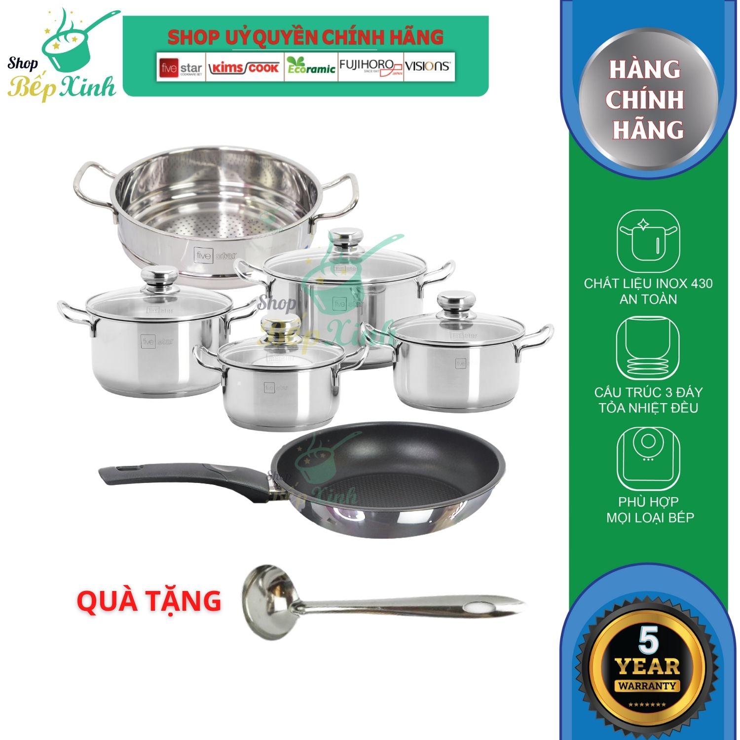 Bộ Nồi Inox Xửng Hấp Và Chảo Chống Dính Fivestar