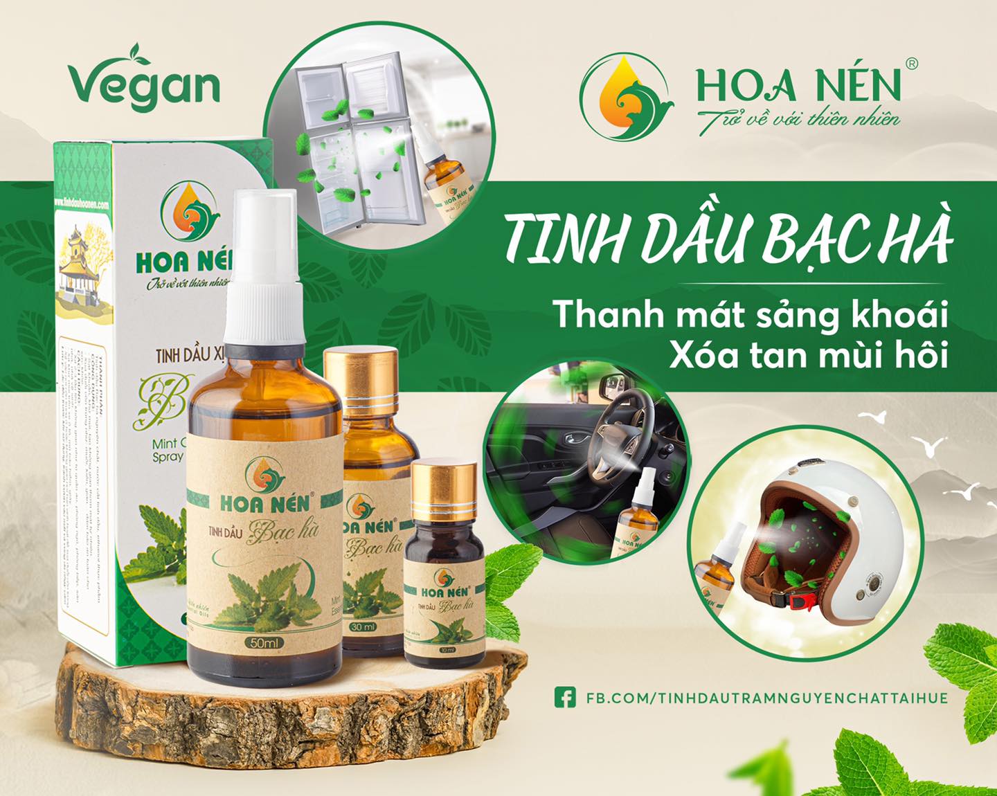 Tinh dầu Bạc Hà nguyên chất 50ml - Hoa Nén - Vegan - Thư giãn, khử mùi, đuổi chuột