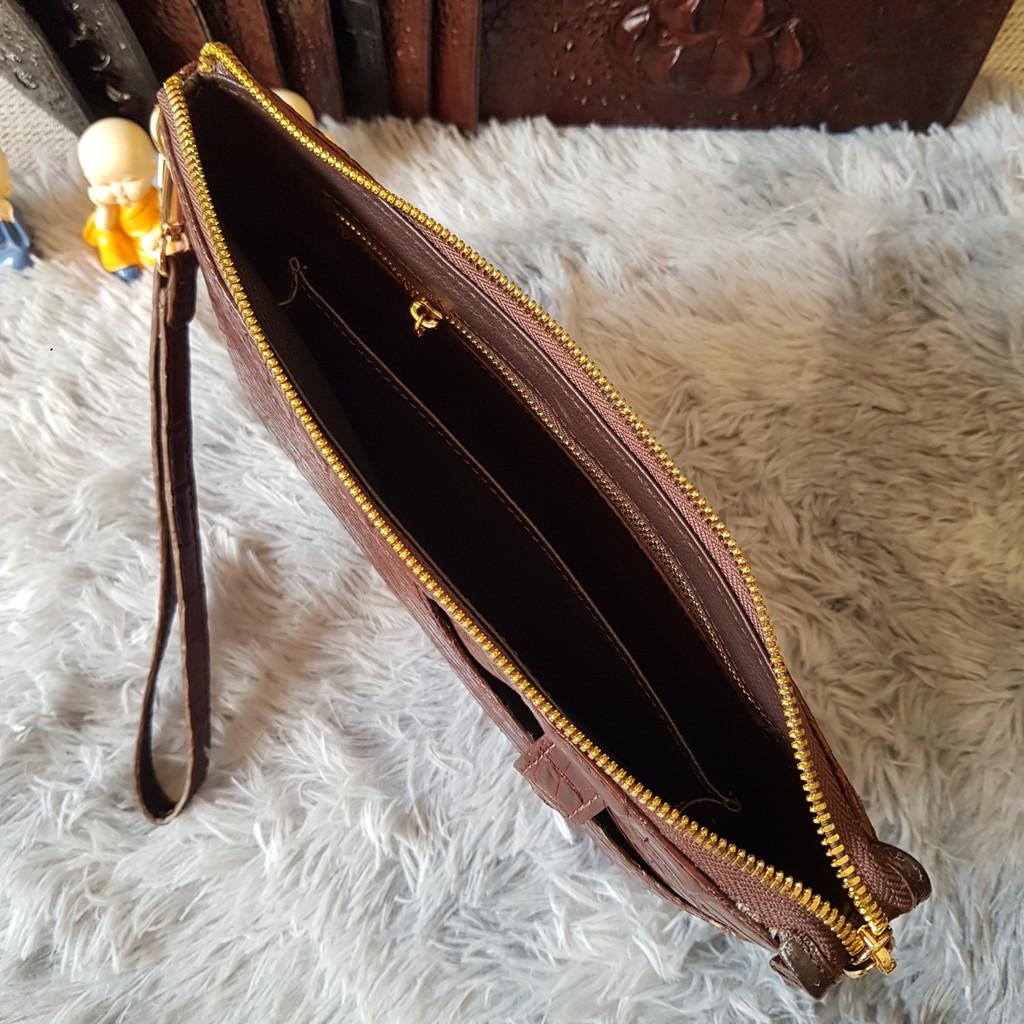 Ví Cầm Tay Cá Sấu | Ví Clutch Da Cá Sấu Da Gù To | Màu Nâu Cafe | Da Nguyên Tấm